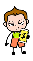 Cartoon Schoolboy Showing Money in Cell Phone