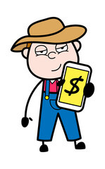 Cartoon Farmer Showing Money in Cell Phone