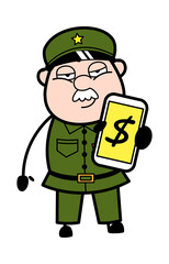 Cartoon Military Man Showing Money in Cell Phone