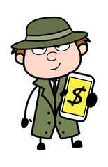 Cartoon Spy Showing Money in Cell Phone