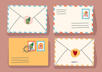 Paper envelopes with stamps and decorative elements on an isolated background. Stylish brands. Letters in paper envelopes. Holiday cards. Mail. Flat illustration. Vector.