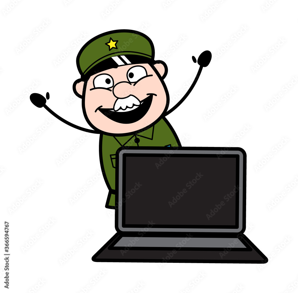 Wall mural cartoon military man with laptop