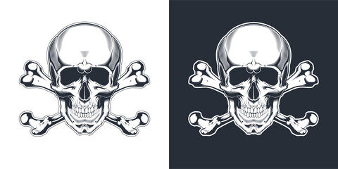 Vintage monochrome skull with crossbones isolated vector illustration