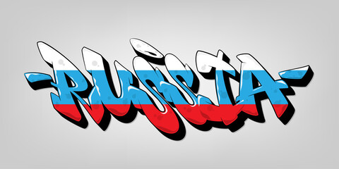 Russia font in old school graffiti style. Painted in the colors of the country flag. Vector illustration