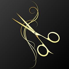 Gold scissors and curls of hair design for beauty salon and stylist - obrazy, fototapety, plakaty