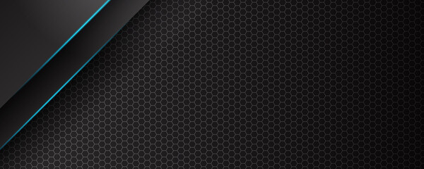 Hexagonal abstract metal background with blue light for wide banner