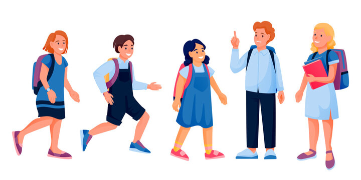 Running and standing school children with books and backpacks. Vector illustration. Back to school kids, isolated