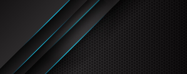 Abstract black metal background with blue light for wide banner