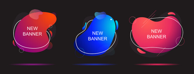 Set of three vivid liquid color geometric shapes with frames and copyspace for New Banner text on a black background, colored vector illustration