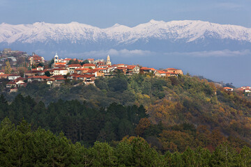 Old town Sighnaghi, in Kakheti region, with the Caucasus Mountains in the background, Georgia