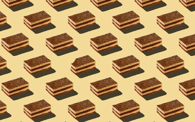 Trendy seamless food pattern - layered sponge cakes on a pastel background, minimal food isometric concept texture.