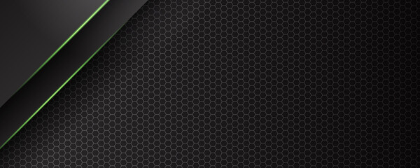 Abstract dark gray hexagon mesh in green triangle green line design modern futuristic background vector illustration for wide banner templates