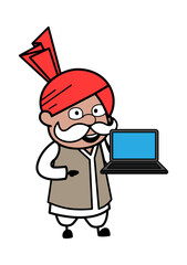 Cartoon Haryanvi Old Man presentation on Laptop