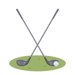 Two beautiful crossed Golf clubs and a ball on cute green grass court isolated on white background.Sports equipment for golfing. Inventory for golfers.Raster flat illustration