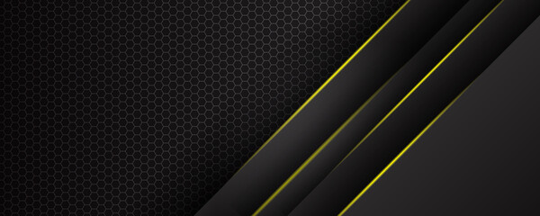 Black and yellow smooth stripes abstract corporate graphic design. Geometric dark material background. Vector illustration