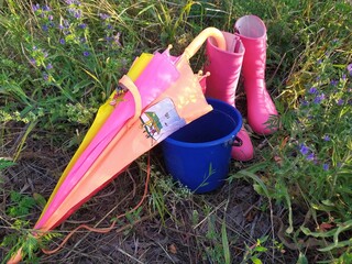 Pink rubber boots a blue bucket with wild flowers and a children colorful umbrella on the grass - Powered by Adobe