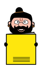 Cartoon Pandit holding a paper banner