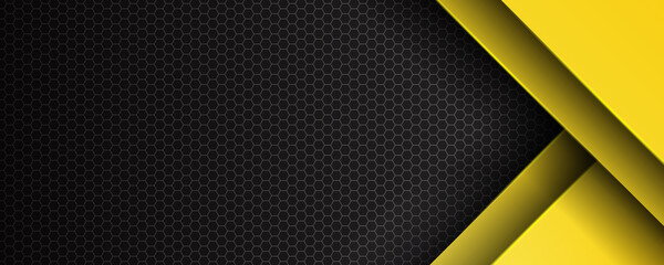 Futuristic perforated technology abstract background with yellow neon glowing lines. Vector banner design