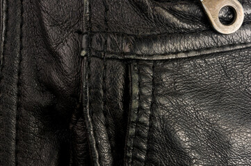 Old vintage genuine soft black leather texture background, top layer with pores and scratches,...