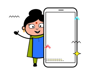 Cartoon Indian Lady with empty cell phone screen
