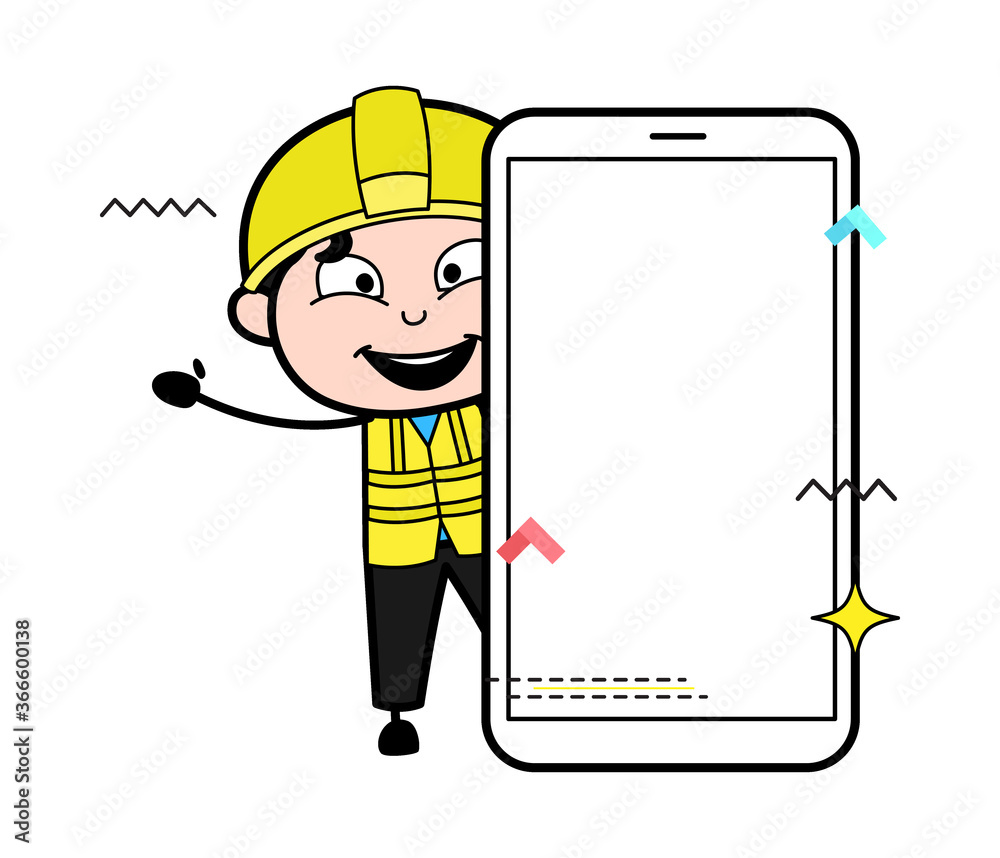 Wall mural cartoon engineer with empty cell phone screen