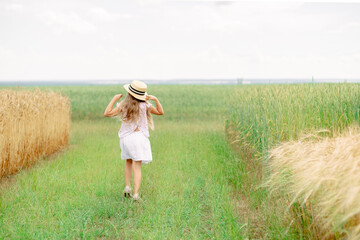 girl in a wheat field. girl in a hat. child in the village. 2 fields. girl running across the field