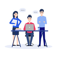 Business people working. Network and teamwork. People talking and working together on laptop in office. Flat design characters. Vector illustration.