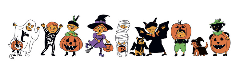 Halloween kids character set. Children in colorful Halloween costumes: bat, witch, ghost, mummy, death, pumpkin, zombie. Dogs in suits Cartoon set. Vector illustration