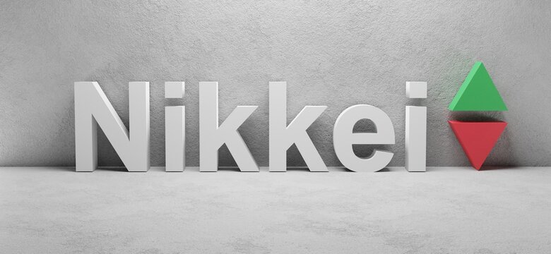CGI render image of the word NIKKEI, abbreviation for a jappanese stock market index, white word in a white concrete room with up and down arrows