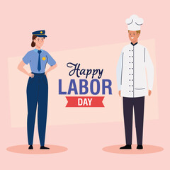 labor day poster, with woman and man of different professions, police and chef