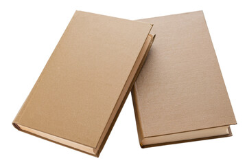 Two closed books close-up on a white background, brown covers.