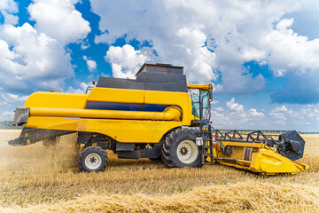 Combine harvester in action on wheat field. Process of gathering ripe crop from the fields....