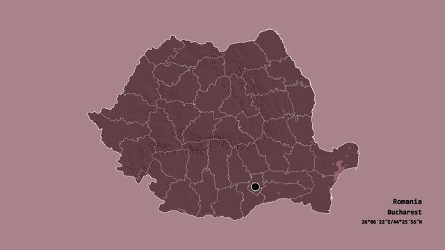 V&acirc;lcea, county of Romania, with its capital, localized, outlined and zoomed with informative overlays on a administrative map in the Stereographic projection. Animation 3D