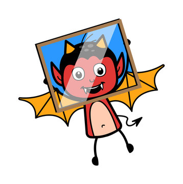 Cartoon Devil looking from glass frame