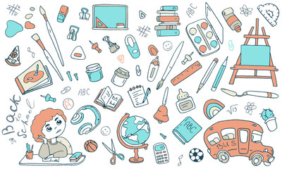 Back to school sticker set on white isolated backdrop. Drawn stationery for invitation or gift card, notebook, bath tile, scrapbook. Phone case or cloth print. Doodle style stock vector illustration