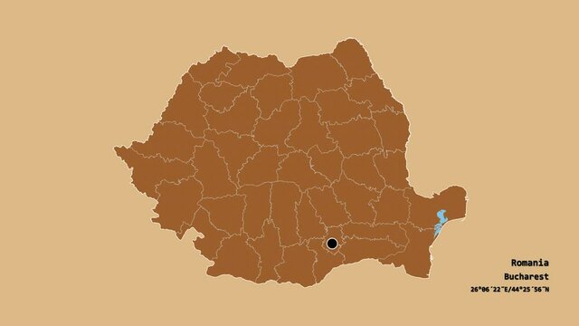 V&acirc;lcea, county of Romania, with its capital, localized, outlined and zoomed with informative overlays on a solid patterned map in the Stereographic projection. Animation 3D