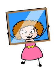 Cartoon Young Lady looking from glass frame