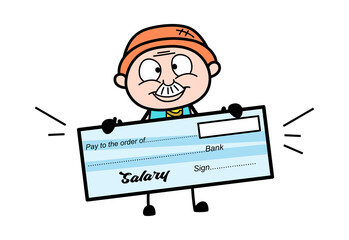 Cartoon Grandpa holding paycheck