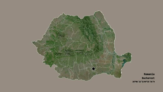 V&acirc;lcea, county of Romania, with its capital, localized, outlined and zoomed with informative overlays on a satellite map in the Stereographic projection. Animation 3D