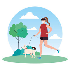 woman in sportswear wearing medical mask, with dog outdoor, prevention coronavirus covid 19