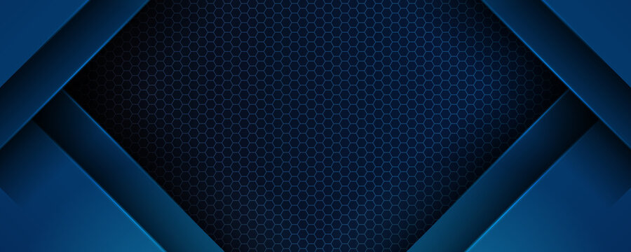 Trendy composition of blue technical shapes on black background. Dark metallic perforated texture design. Technology illustration. Vector header banner