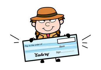 Cartoon Investigator holding paycheck
