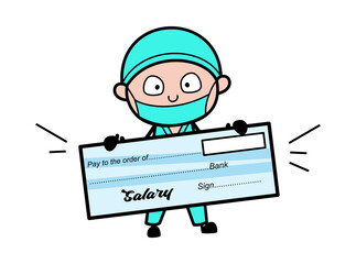 Cartoon Surgeon holding paycheck