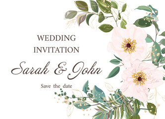 Wedding invitation with flowers, watercolor, isolated on white. Vector Watercolor.
