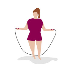 A full woman who is overweight is doing sports. Does rope exercises. The concept of a healthy and athletic lifestyle. 