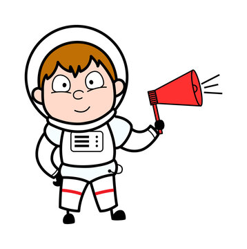 Cartoon Astronaut Announcing with Loudhailer