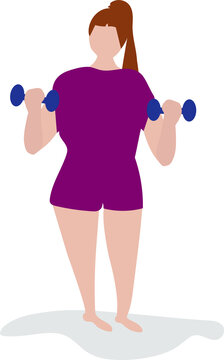 A full woman who is overweight is doing sports. Does exercises with dumbbells. The concept of a healthy and athletic lifestyle. Vector Character