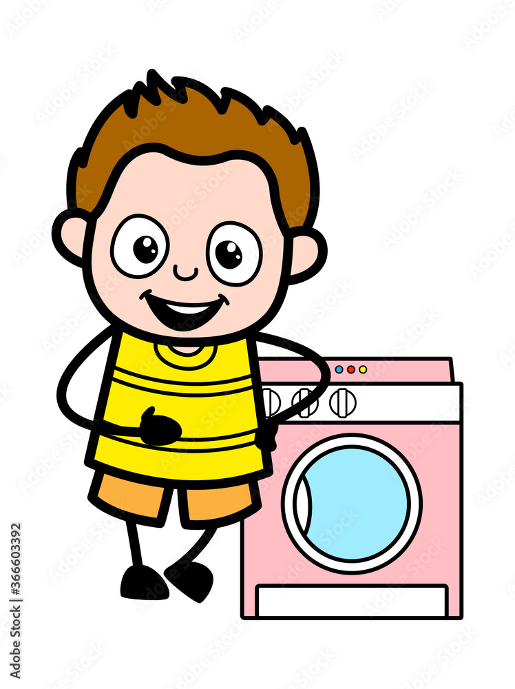 Poster cartoon young boy standing with washing machine