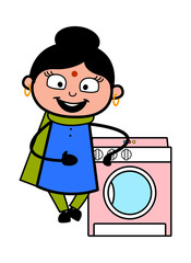 Cartoon Indian Lady standing with washing machine