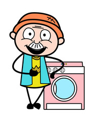 Cartoon Grandpa standing with washing machine